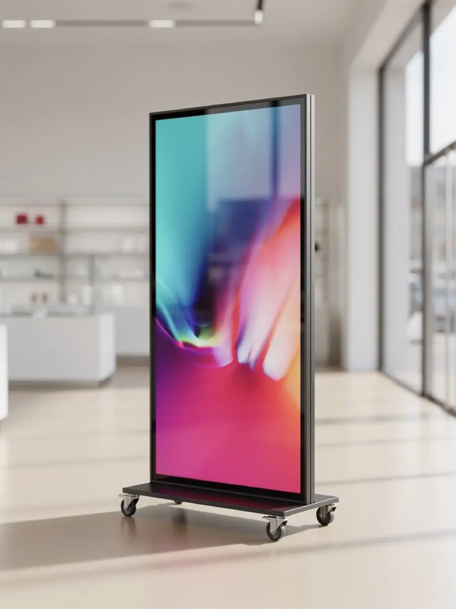 Freistehendes LED-Poster-Display auf Rollen in einem Eingangsbereich