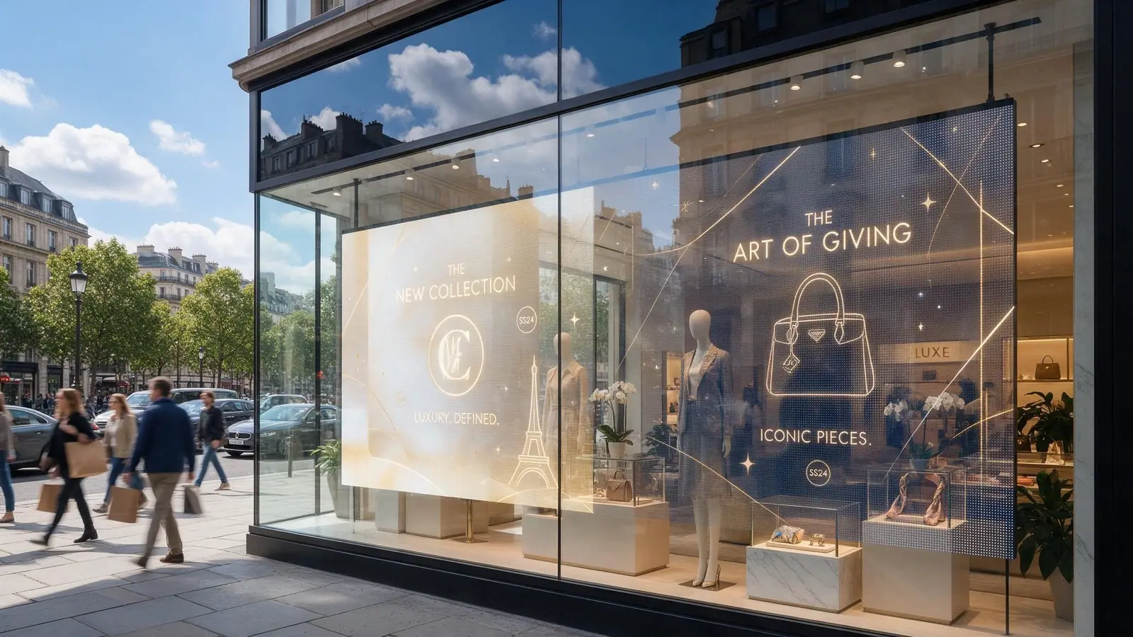 Boutique-Schaufenster mit transparentem LED-Display bei Tageslicht, Auslage bleibt sichtbar