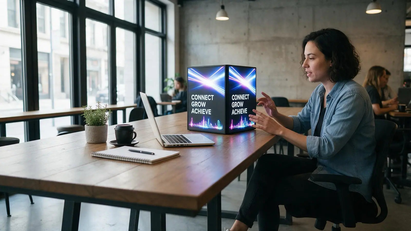Mehrseitiger LED-Würfel auf einem Tisch in einem Café