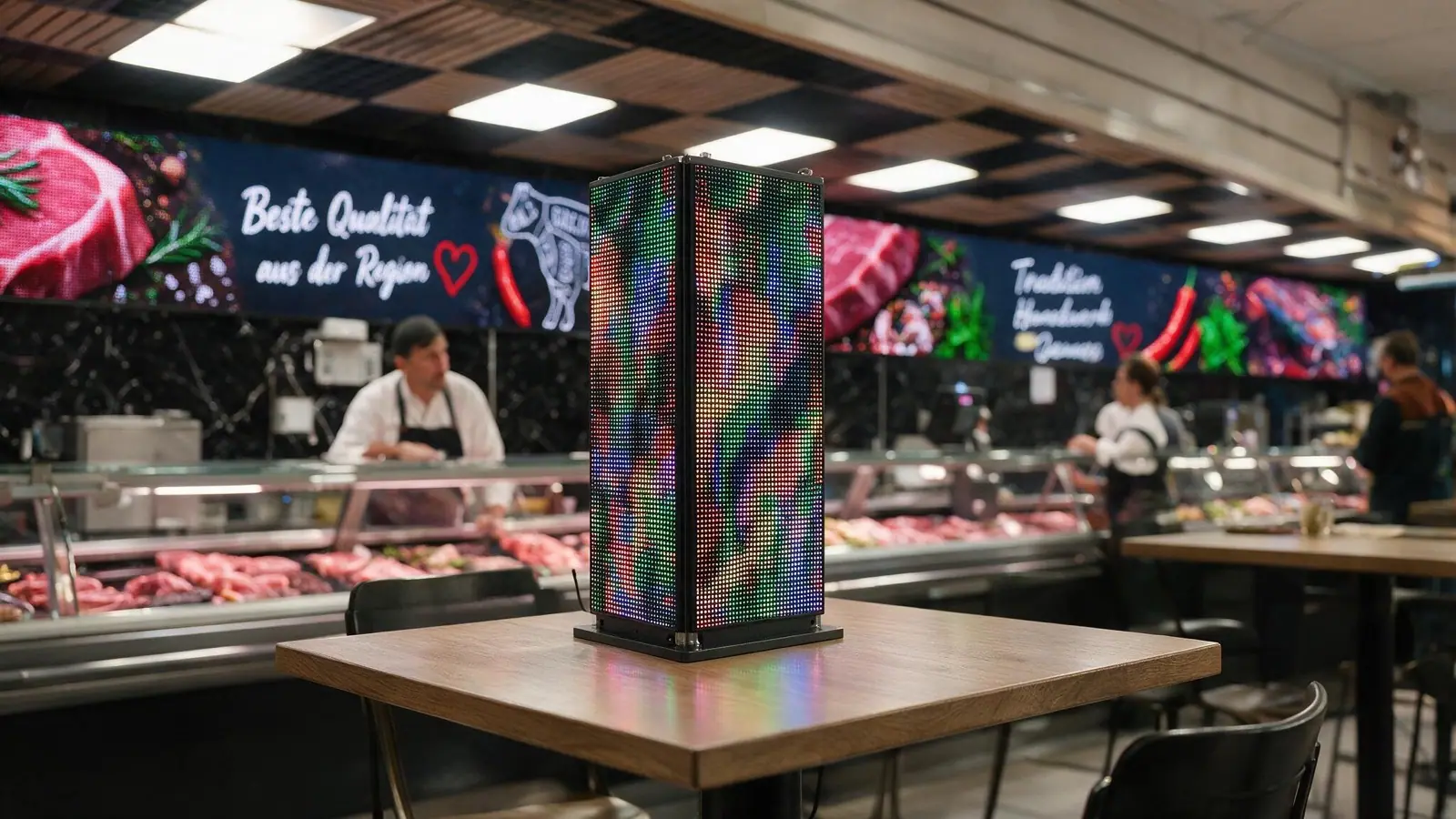 LED-Tischaufsteller auf einem Tisch vor einer Fleischtheke