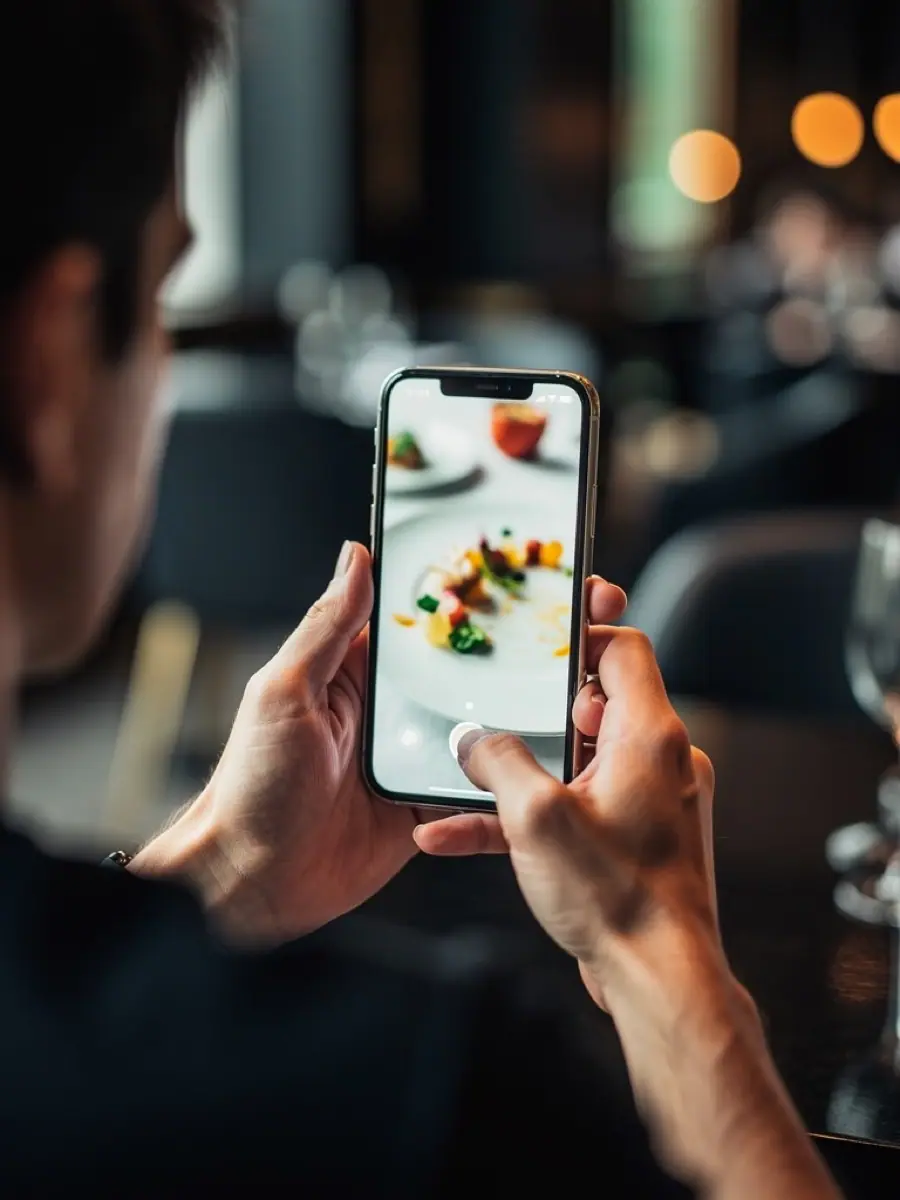 Smartphone filmt vertikalen Food-Content in einem Restaurant