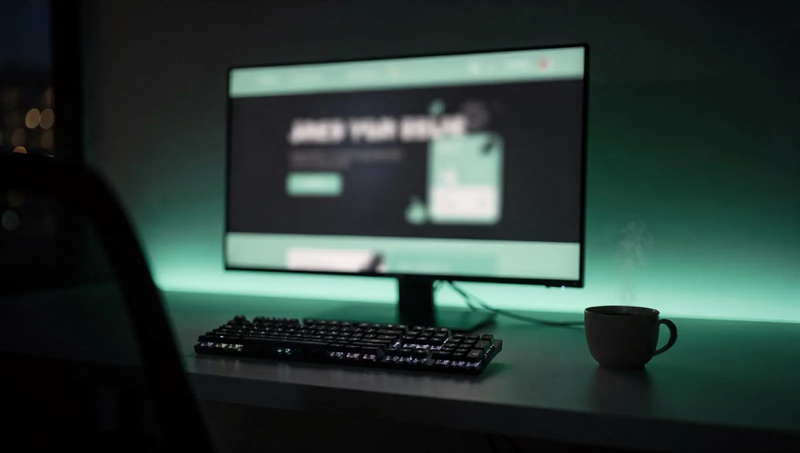 Studio-Arbeitsplatz mit Webdesign auf dem Monitor in Mint-Licht