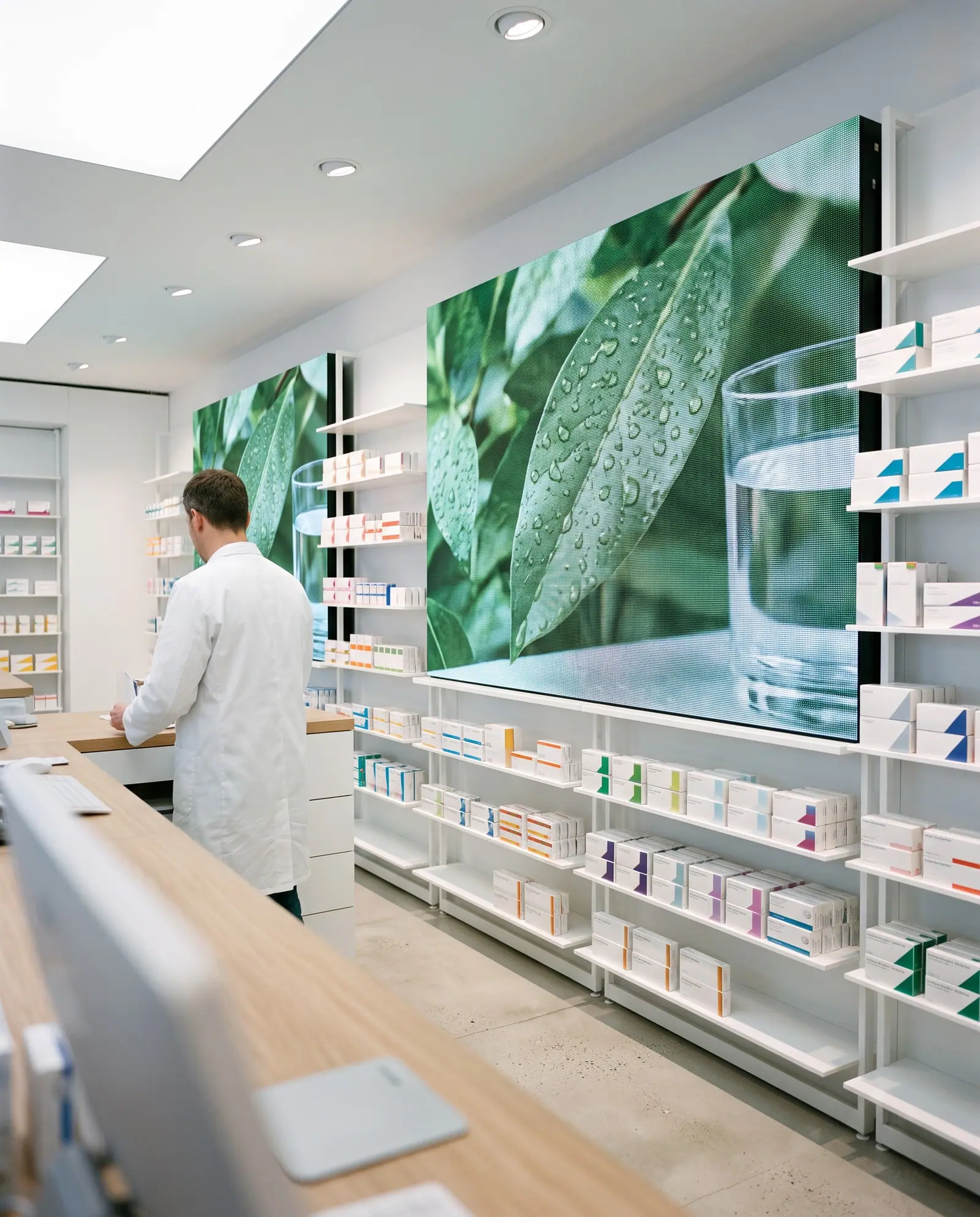 LED-Wand hinter dem Tresen einer Apotheke