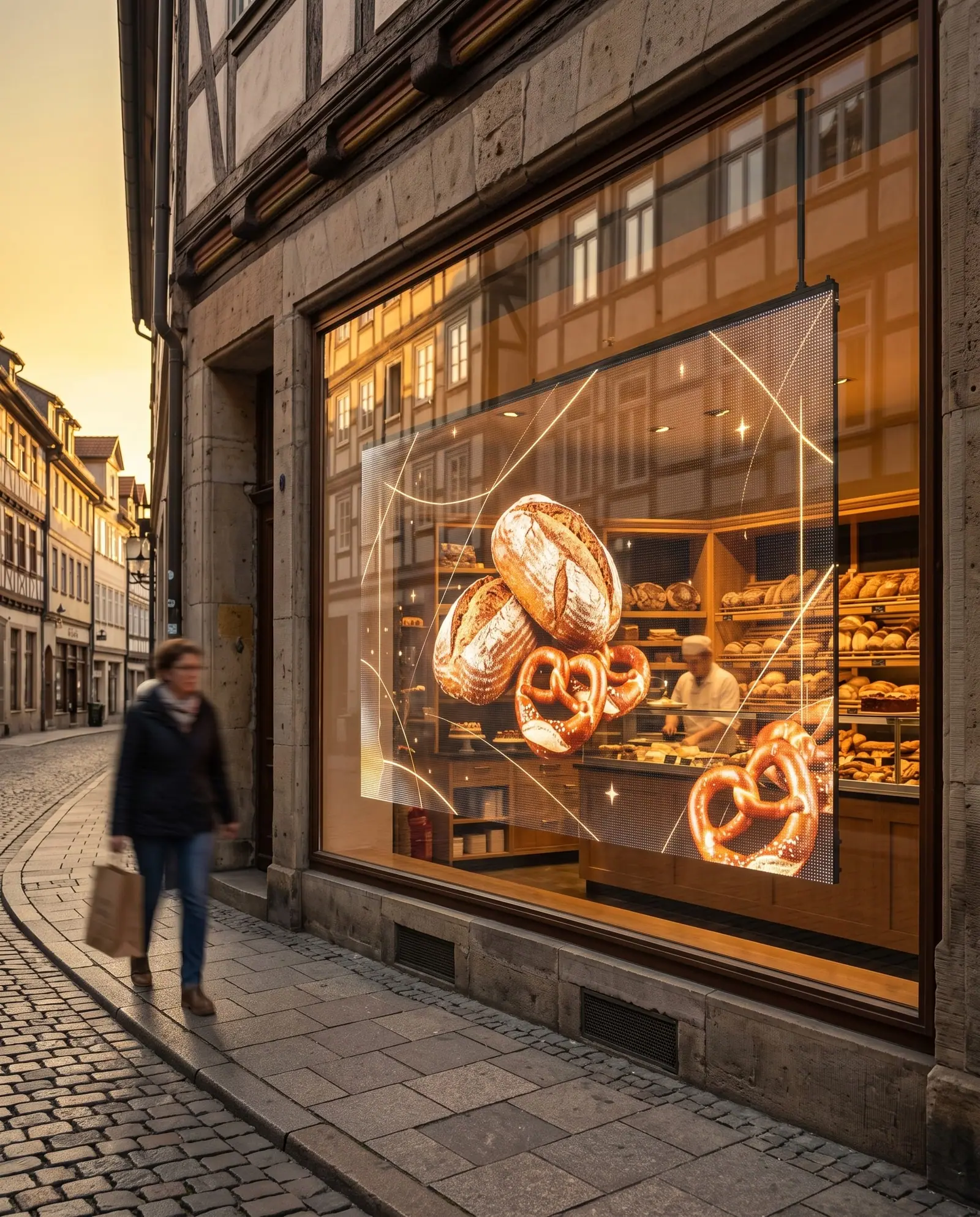 Bäckerei-Schaufenster mit transparentem LED-Display, das Brot und Brezeln zeigt