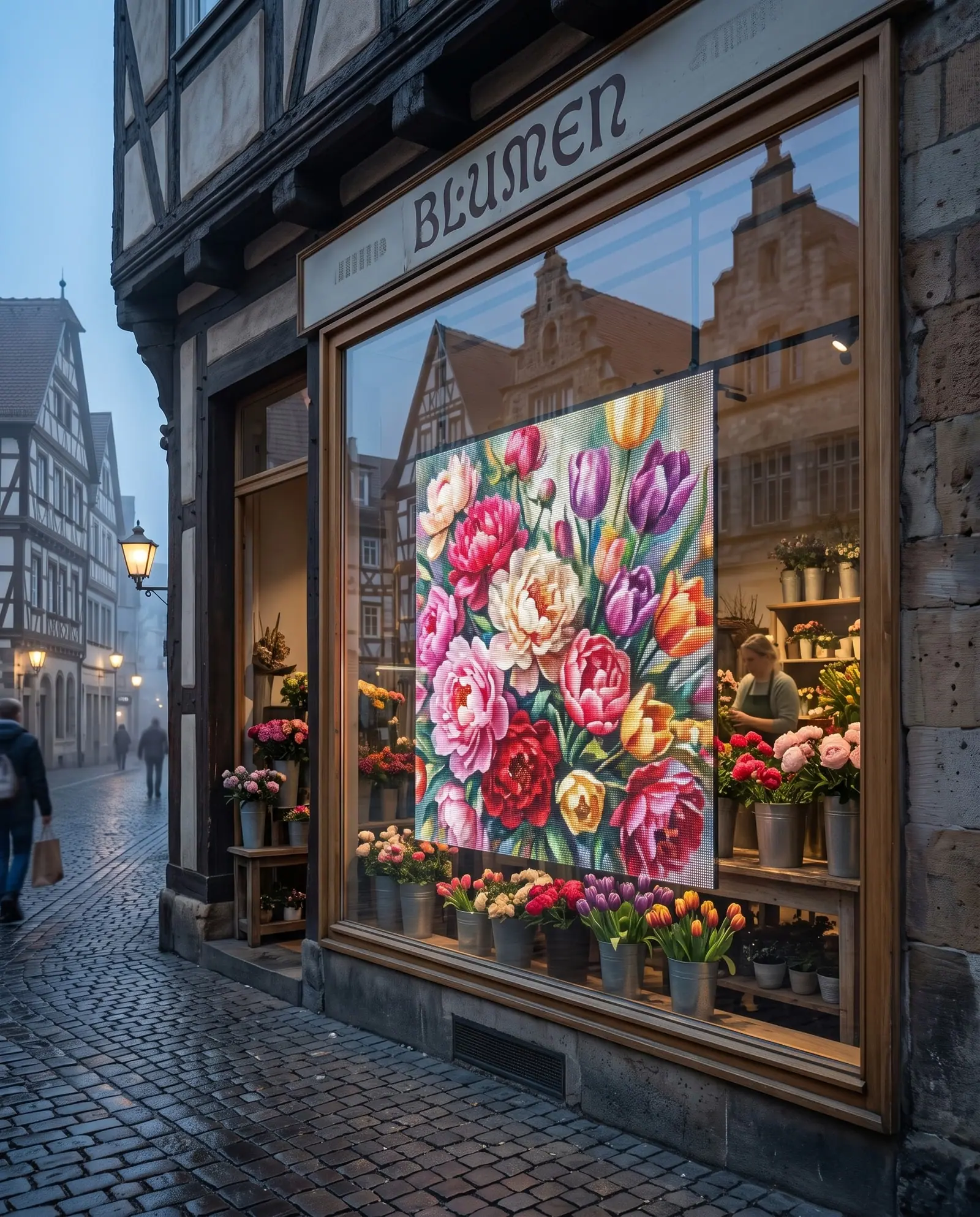 Blumenladen-Schaufenster mit transparentem LED-Display
