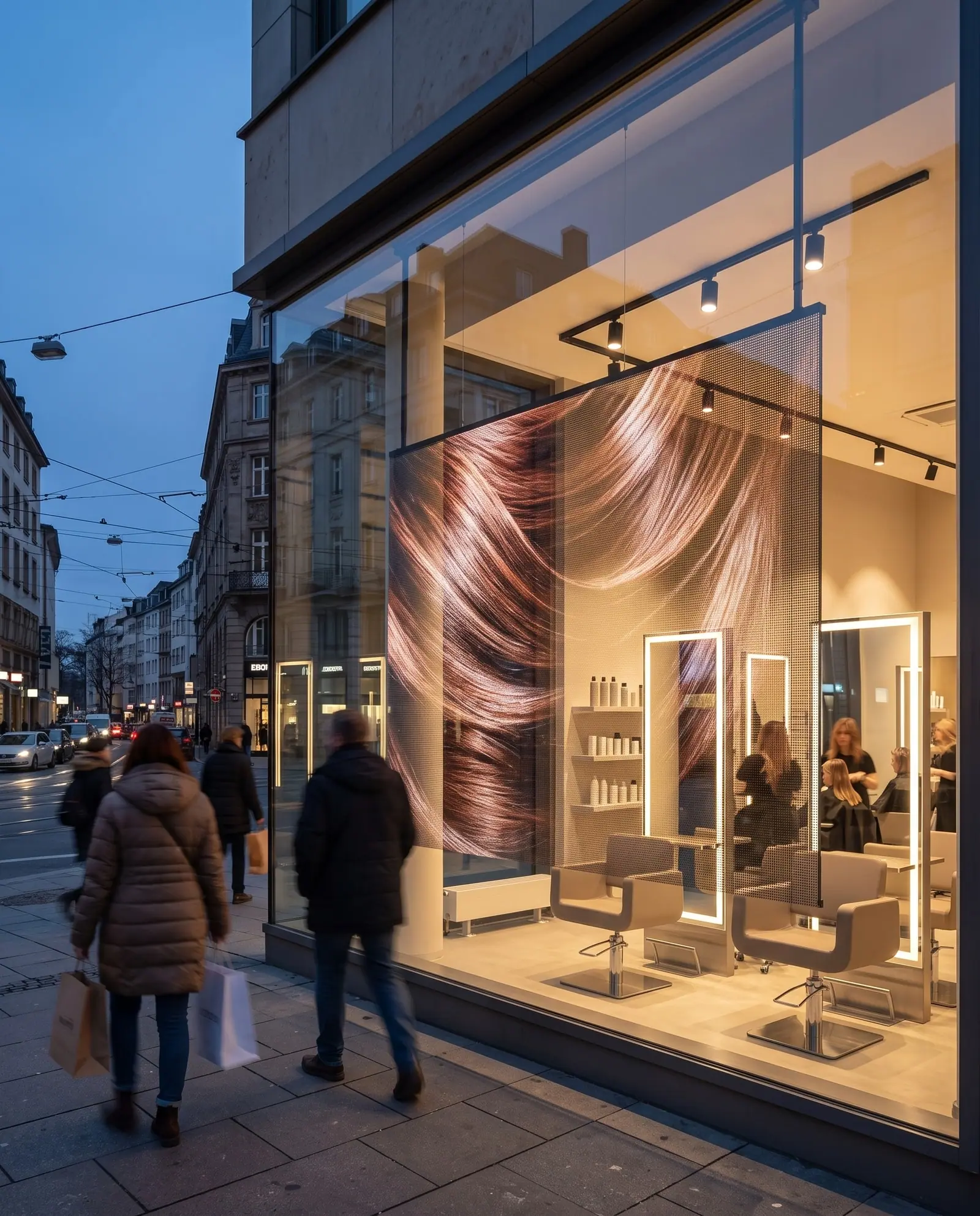 Friseursalon mit transparenter LED-Folie im Schaufenster