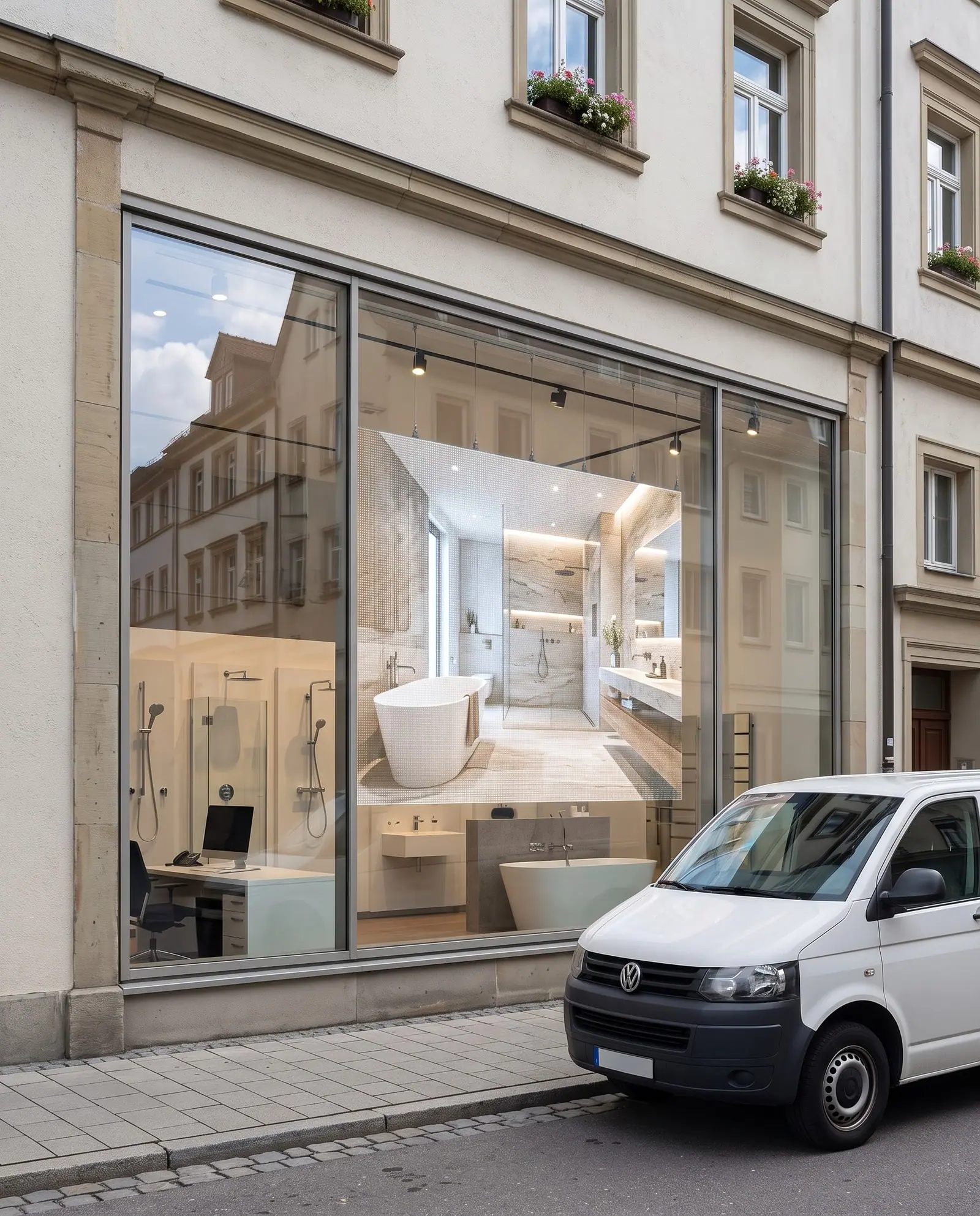 Handwerksbetrieb mit transparentem LED-Display im Schaufenster