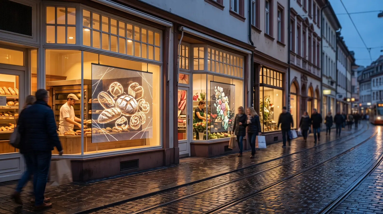 Abendliche Einkaufsstraße in Karlsruhe: Bäckerei, Metzgerei und Blumenladen mit leuchtenden transparenten LED-Displays in den Schaufenstern