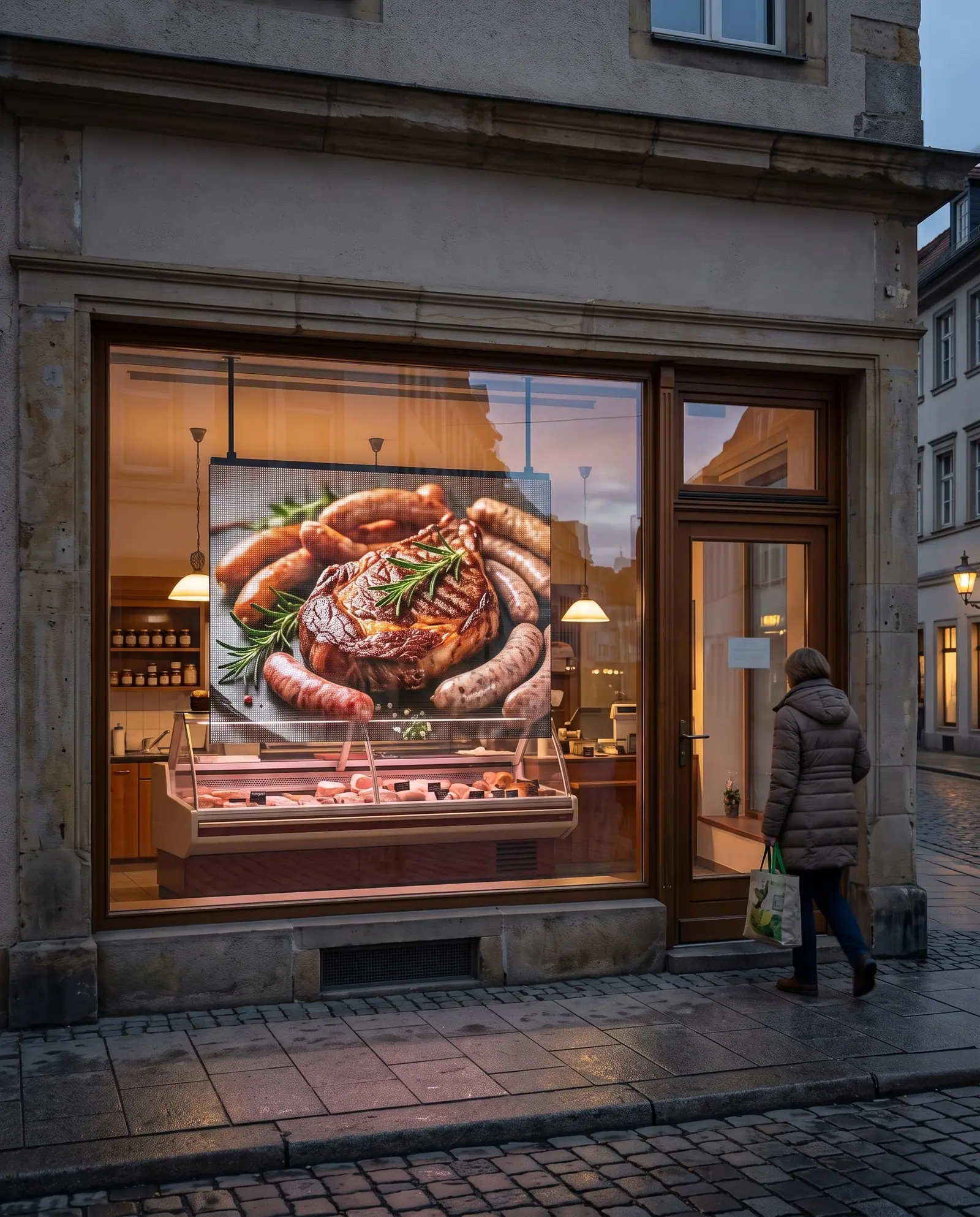 Metzgerei-Schaufenster mit transparentem LED-Display am Abend