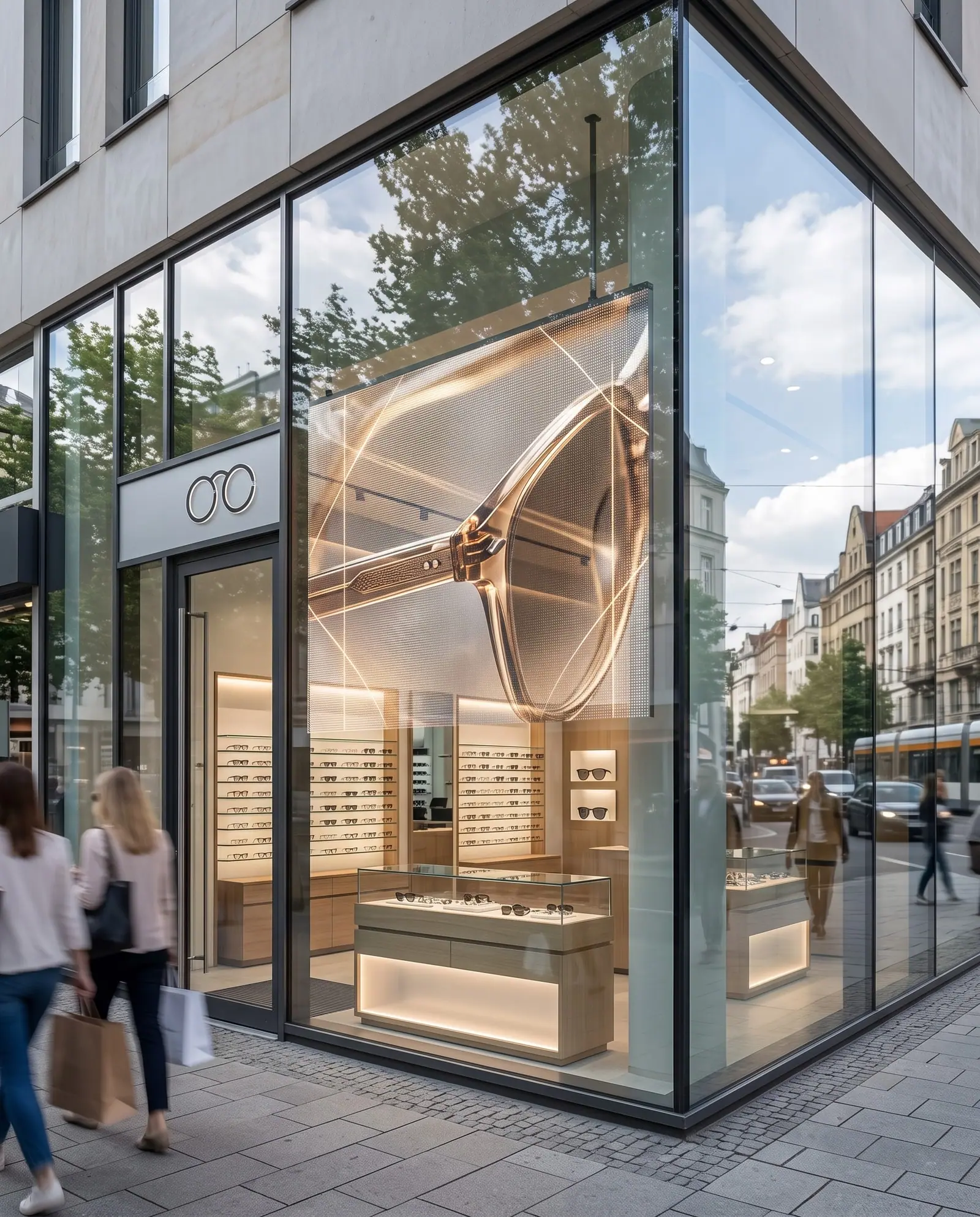 Optiker-Schaufenster mit transparentem LED-Display und Sonnenbrille als Motiv