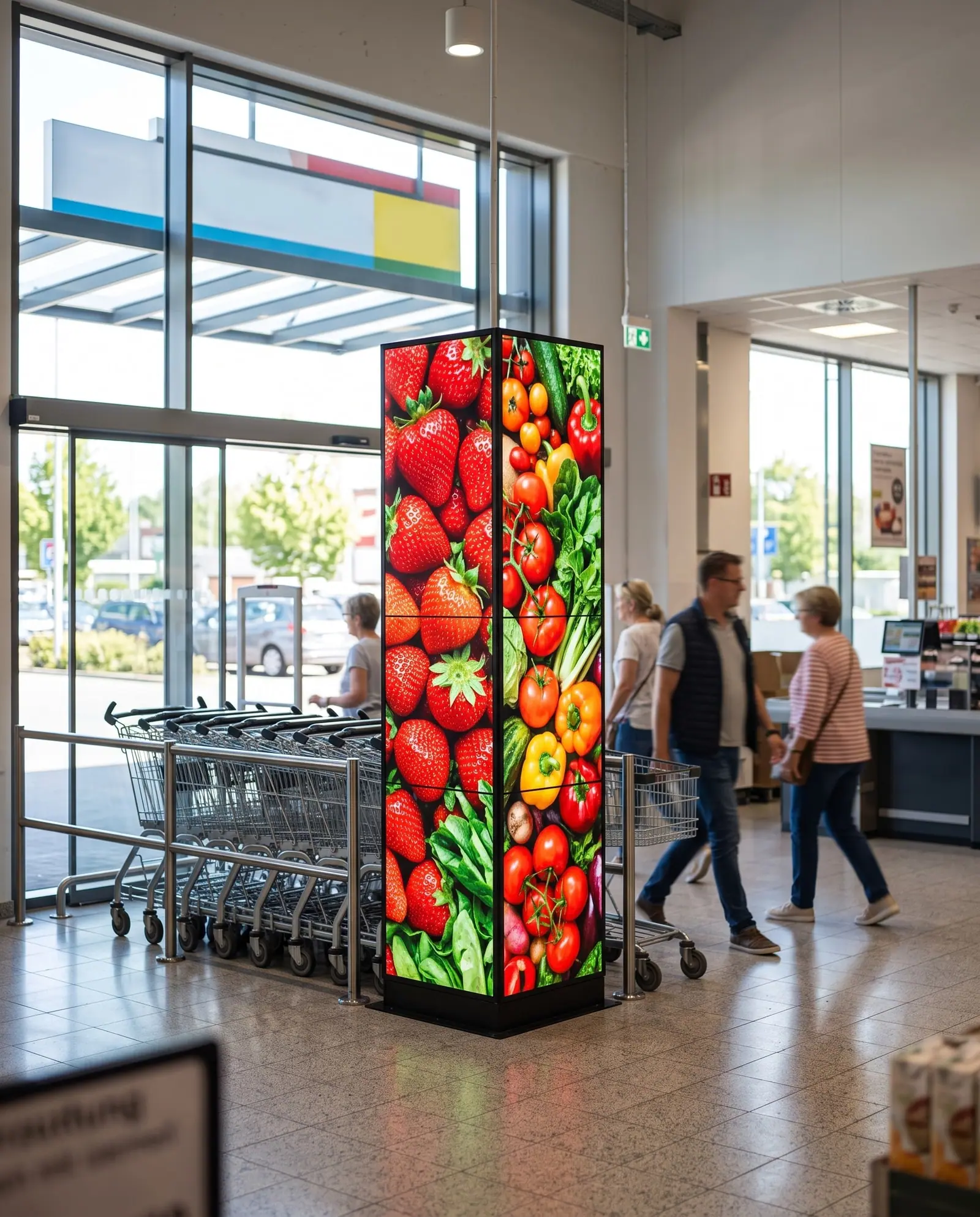 Freistehende mehrseitige LED-Stele im Eingangsbereich eines Supermarkts