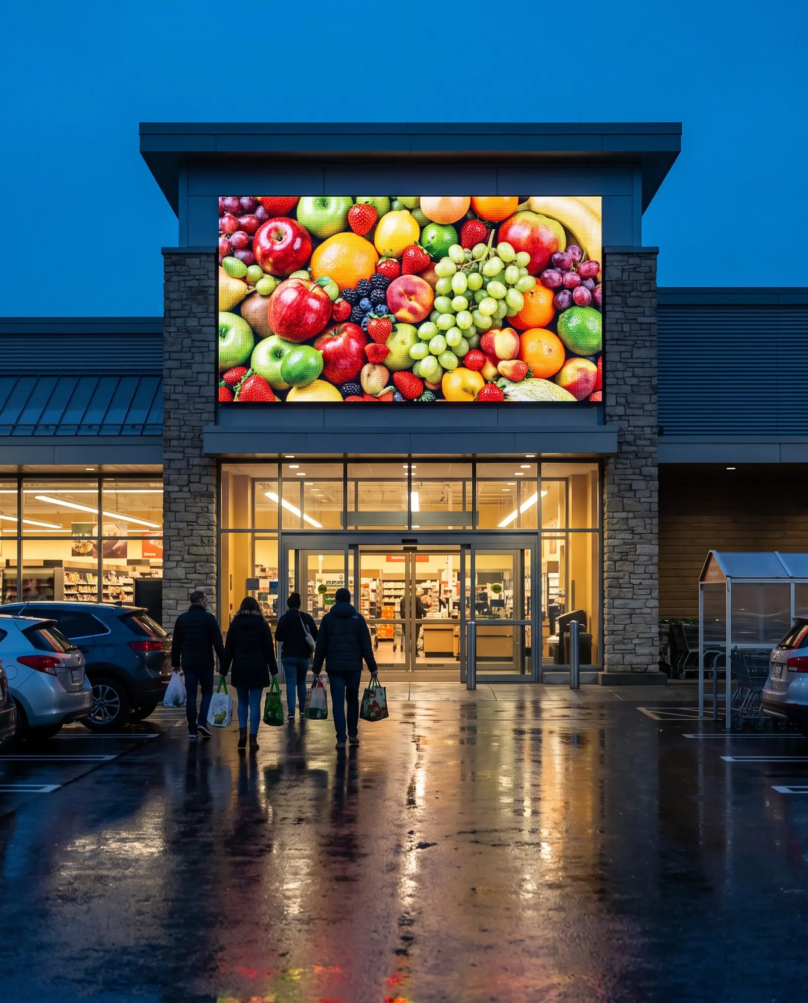 Outdoor-LED-Wand über dem Eingang eines Supermarkts