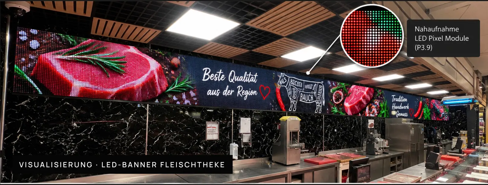 Visualisierung: langes LED-Banner über einer Fleischtheke mit Nahaufnahme der LED-Pixel-Module