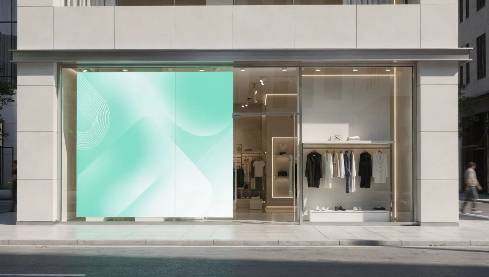 Schaufenster im Vergleich: links normales Glas, rechts mit transparentem LED-Display